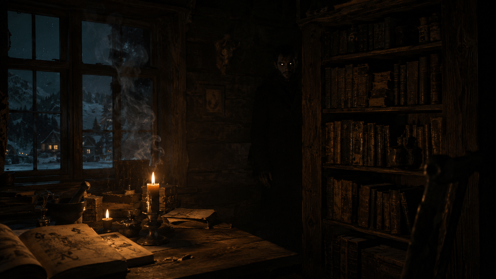 In einer dunklen Stube stehen Bücher und zwei brennende Kerzen vor einem verschneiten Fenster; aus dem Schatten blickt eine Gestalt mit leuchtenden Augen. (Bild Desktop Version)