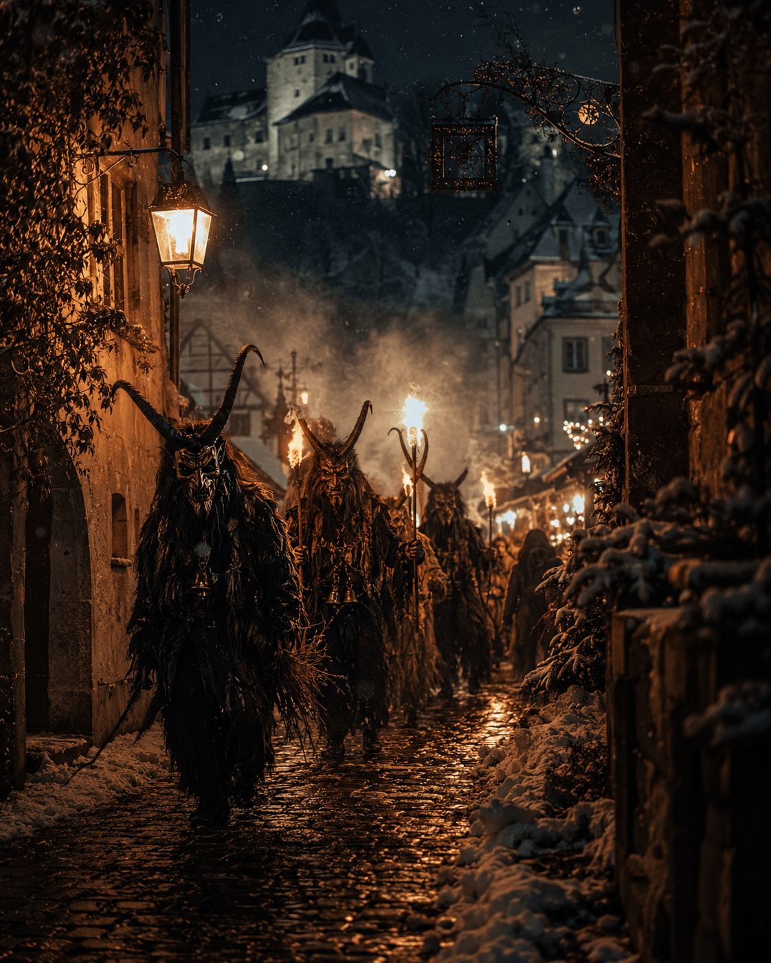 Nächtlicher Krampuslauf in einem winterlichen Alpenort: Maskierte Gestalten mit Hörnern, Glocken und Fackeln ziehen durch die Gasse.